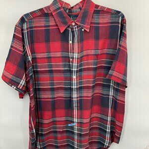 Ralph Lauren Men's XL Red & Navy Plaid Short Sleeve 100% Linen SS Shirt
